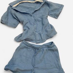 Light Blue Gauze Button-Up Top & Shorts Set